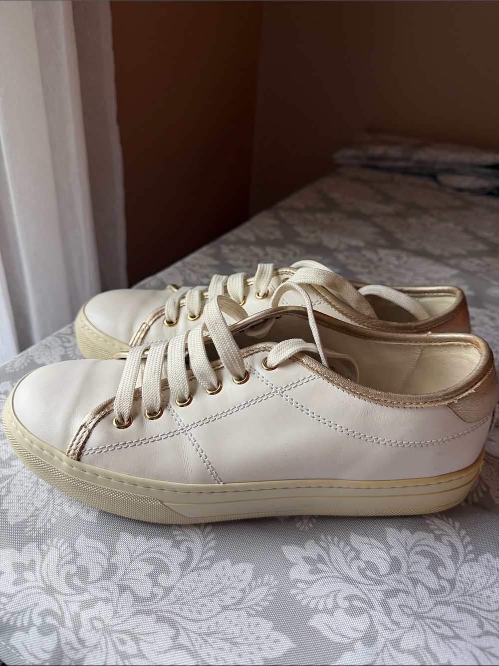 TODS Cream White Leather Sneakers with Gold Trim
